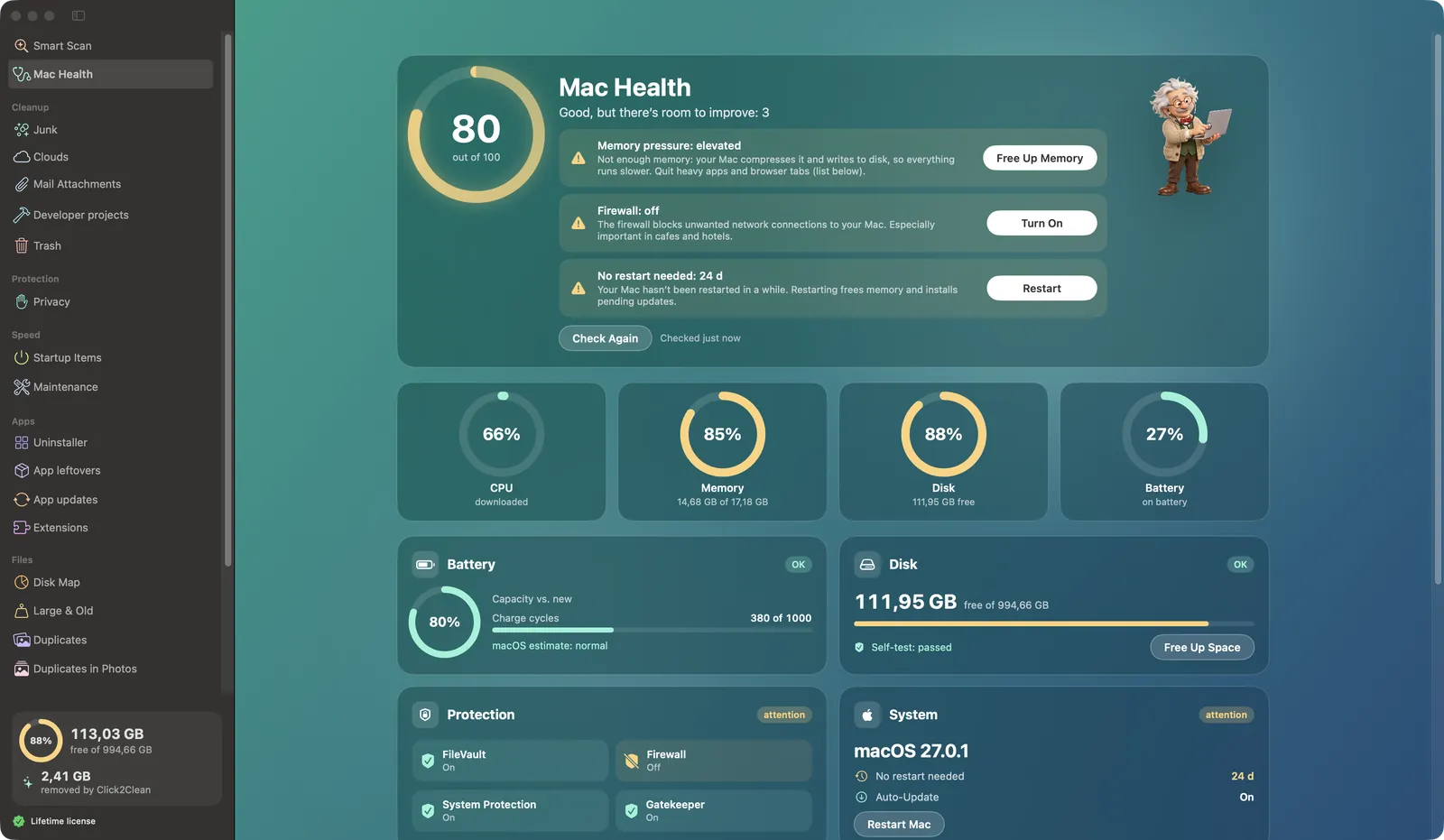 Mac Health: overall score with CPU, memory, disk and battery rings